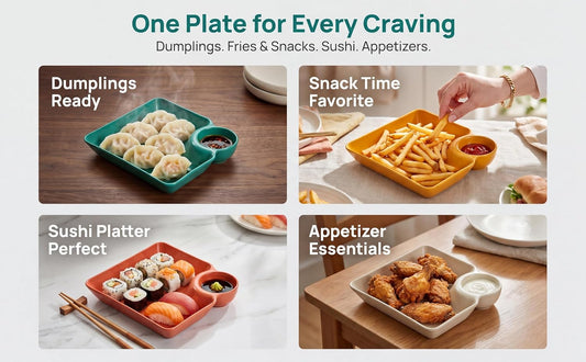 8-Pack 4-Color Chip and Dip Plates with Sauce Compartment, Reusable PP Plastic Divided Serving Trays, Stackable for Appetizer Salsa Dumpling Sushi, Dishwasher Safe