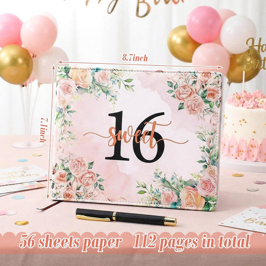 Frienda Sweet 16 Guest Book Sweet 16 Birthday Party Guest Book Pink Leather Hardcover Signature Keepsake Page 16th Birthday Party Decorations Gifts for Girls (Princess Style)