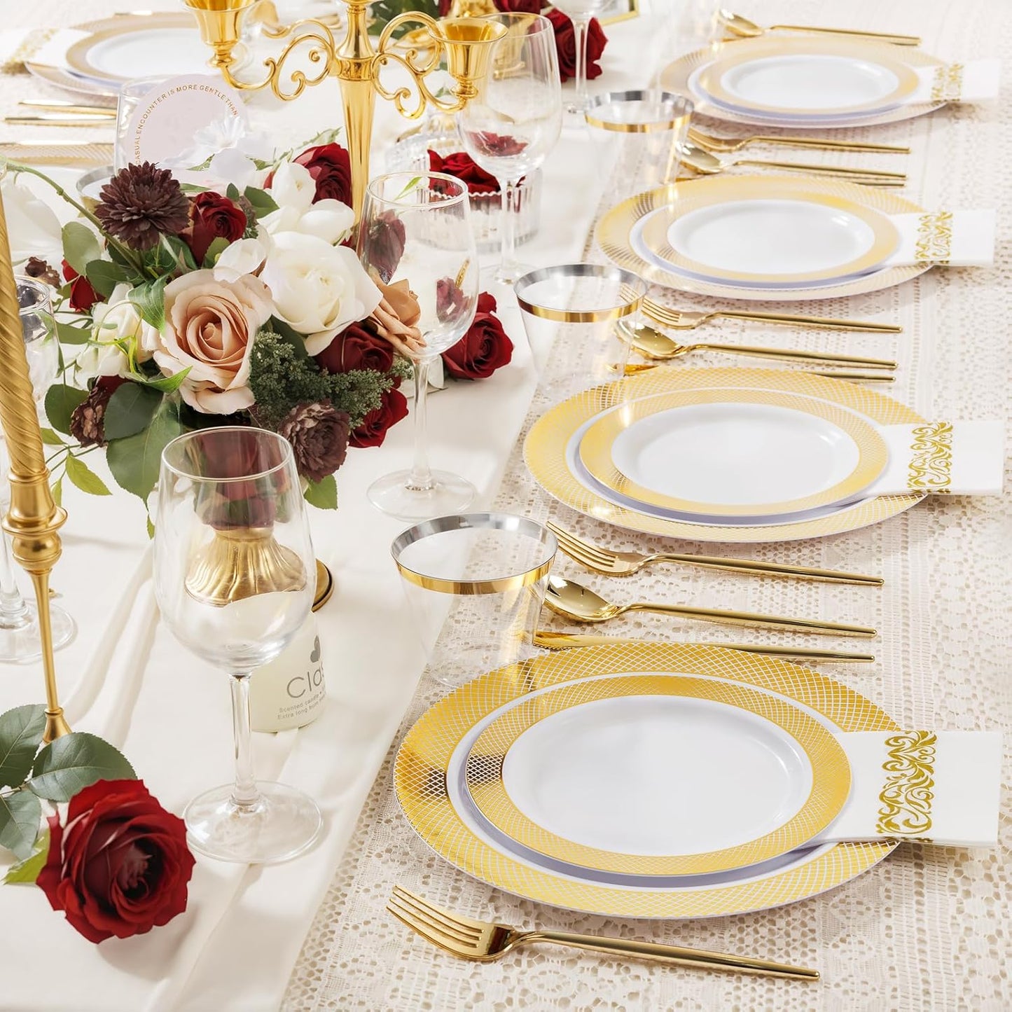 I00000 102 Pieces Gold Plastic Plates, Disposable Party Plates White Gold Rim, 51 Disposable Gold Dinner Plates 10.25 Inch and 51 Disposable Dessert Appetizer Elegant Fancy Wedding Plates 7.5 Inch