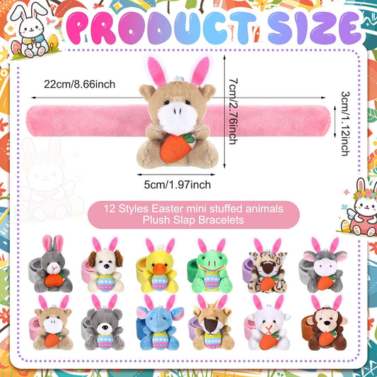 Blueweenly 24 Pcs Stuffed Animal Slap Bracelets Plush Animal Slap Bracelets Bulk for Kids Bunny Bear Dog Monkey Wristband Toys for Party Favors Birthday Supplies Basket Stuffers Classroom Prize Reward