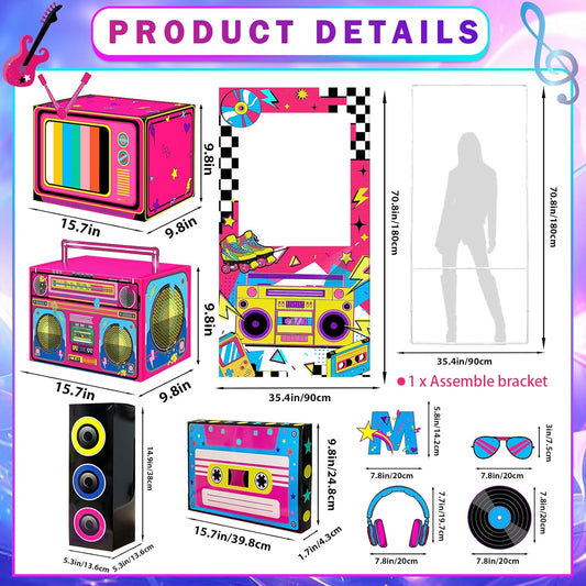 9Pcs 80s 90s Party Decorations Supplies 80s Photo Booth Props Backdrop Kit with Retro Radio Boombox Boxes Vintage 90s Photo Backdrop Hip Hop Music Theme Accessories for Boys Girls Birthday Decor