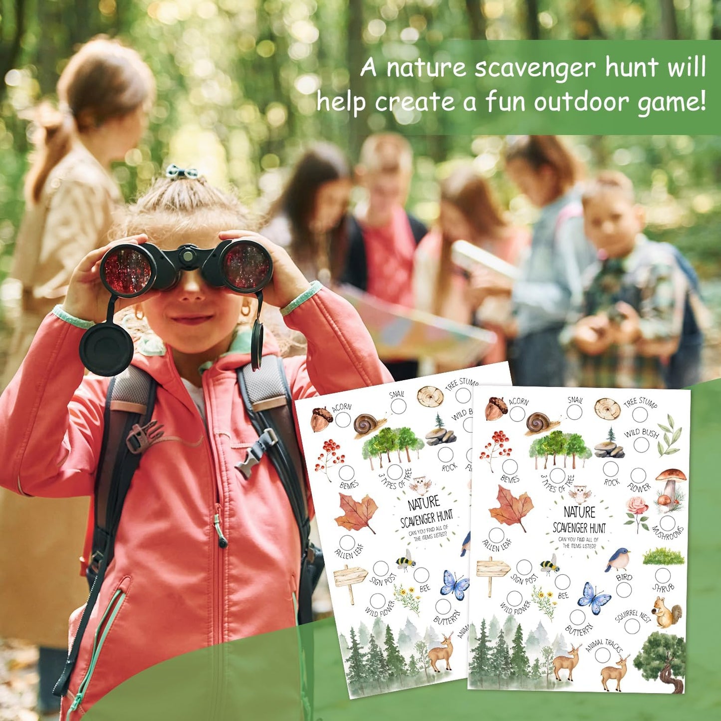 30 Pcs Nature Scavenger Hunt Cards, Find and Seek Camping Sheets, Woodland Themed Holiday Party Game Outdoor Activity for Family Friend -02