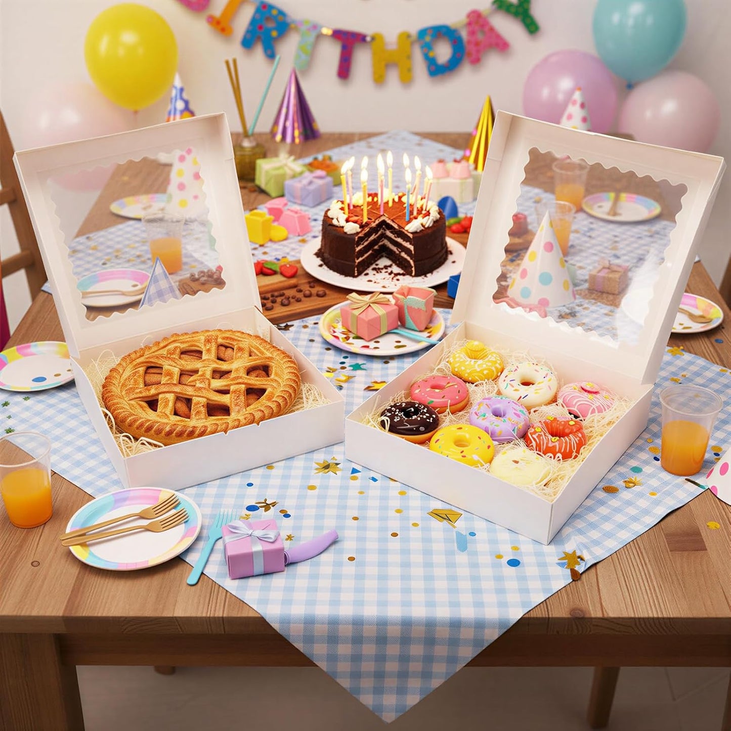 Moretoes 25pcs Pie Boxes, 12x12x2.5 White Bakery Boxes with Window, Auto-Popup Cookie Boxes for Pies, Treat Boxes Dessert Boxes for Pizza, Strawberries, Chocolate, Pastries, Muffins and Donuts