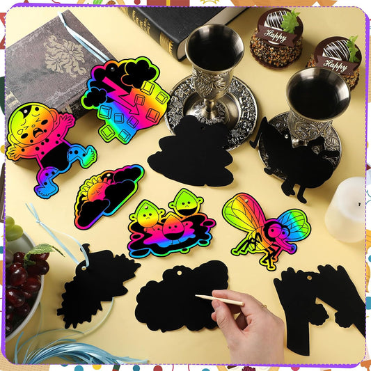 Motipuns 120 Pcs Passover Crafts Passover Decoration Scratch Paper Kit Color Scratch Off Cards Art Paper Kit DIY Frogs Animals Drawing Plague Gift Decor for Jewish Party Favor