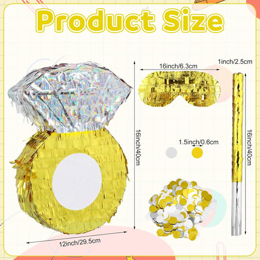 Skylety 16" Diamond Ring Piñata Kit - 4 Pieces with Blindfold and Stick and Confetti Shiny Ring Piñata for Engagement Interactive Bridal Shower Games Bachelorette Party Decoration Accessories