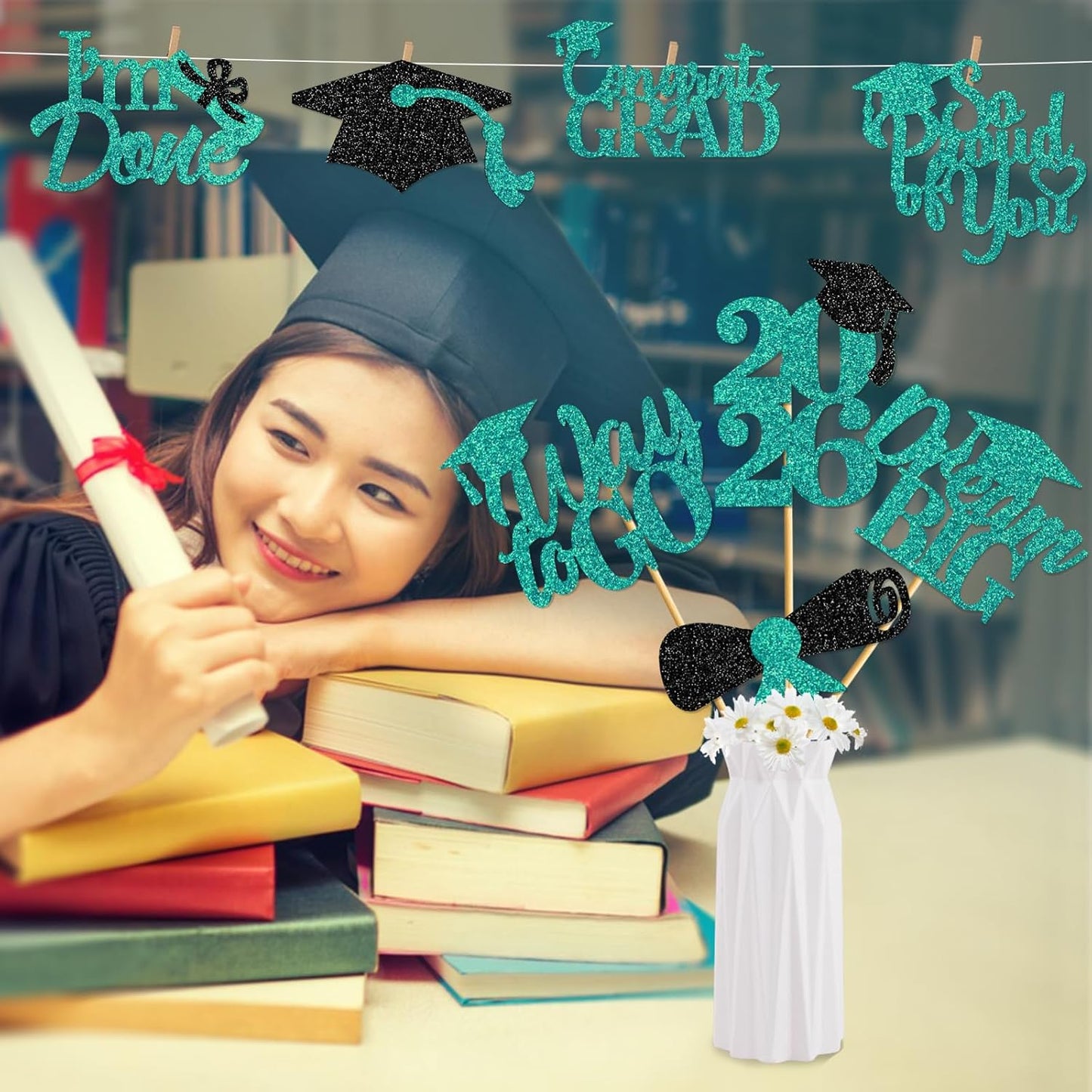 24Pcs Graduation Centerpieces for Tables: 2026 Graduation Centerpiece Sticks Class of 2026 for Grad Table Decorations Congrats Decorations (Black)