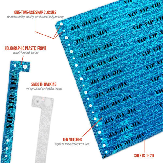 100 WristCo Premium Holographic Gold VIP Plastic Secure Snap Wristbands - 5/8" x 10" - Waterproof, Durable, Tearproof, Wrist Bands Used at Waterparks Concerts Conferences for Security Admission