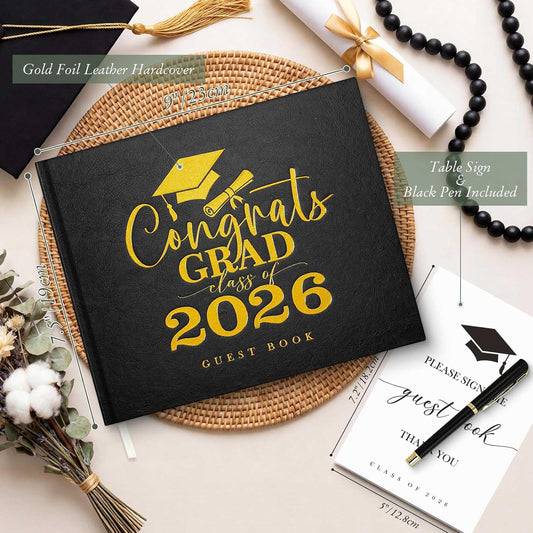 Lanpn Graduation Guest Book Class of 2026 with Table Sign & Pen, Leather Graduation Guest Sign in Books, Graduates Signature Book, Keepsake Memory Books for College High School Grad Party, Black