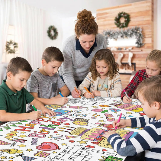 Happy Birthday Giant Coloring Tablecloth Poster for Kids - 30 x 72 Inch Versatile Birthday Activity Paper Banner Poster Table Cover Crafts for Home School Party Events Wall Table Decorations