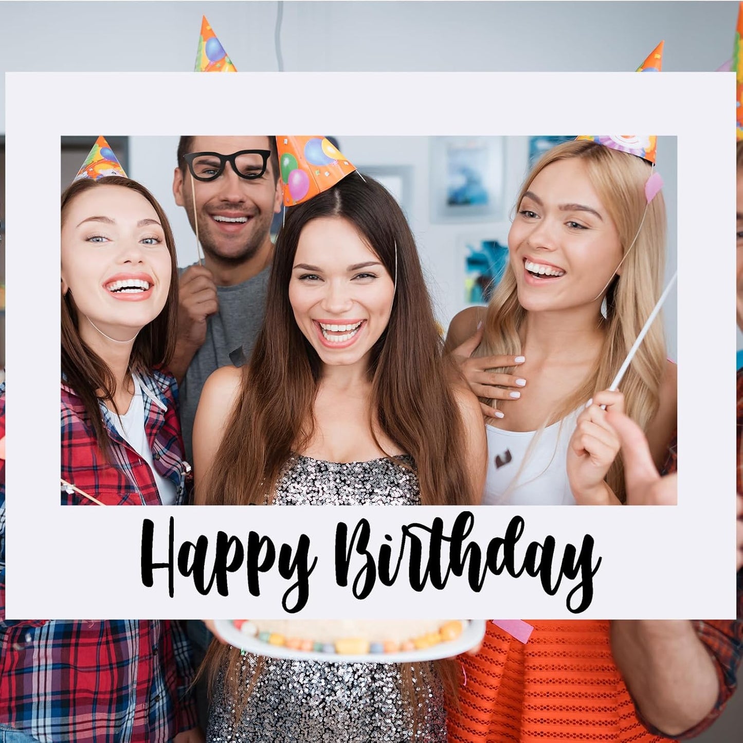 Beeveer 32 x 24 Inch Extra Large Happy Birthday Photo Booth Selfie Frame Props Picture DIY Cutouts Photo Backdrop Cardboard Props for Party Supplies Favors(Vertical,Shiny Gold)