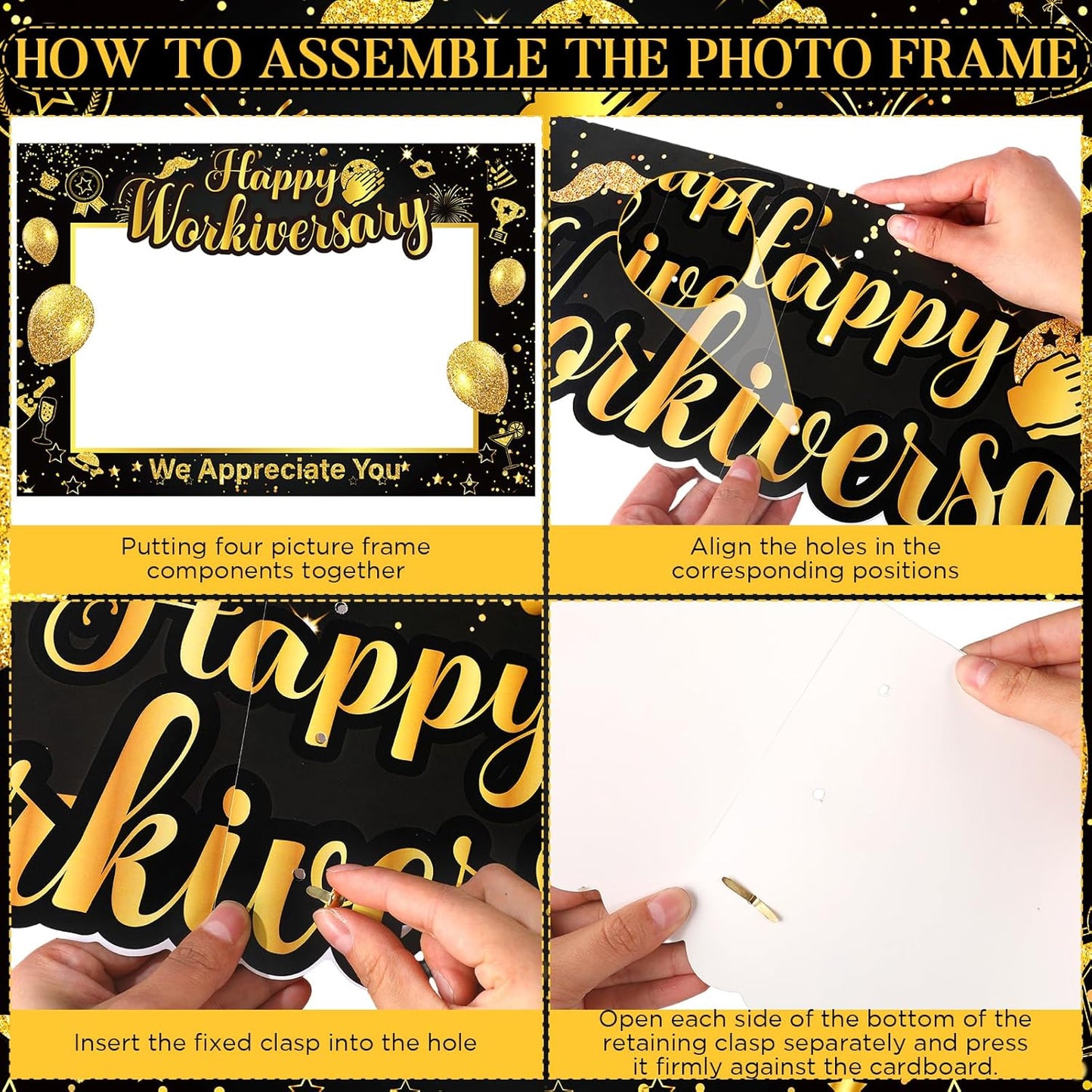 We Appreciate You Thank You Decorations Happy Work Anniversary Decorations Black Gold Selfie Photo Frame & 25pcs Photo Booth Props for Employee Staff Teacher Doctor Graduation Party Decor Supplies