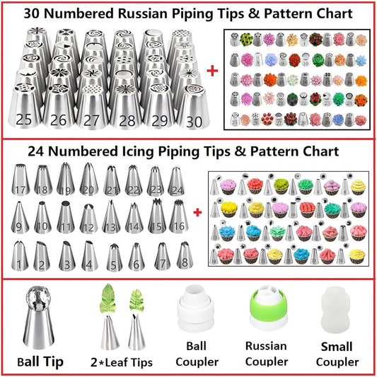 ANSLYQA Russian Piping Tips Set, 166 Pcs with 30 Numbered Russian Tips, 24 Numbered Icing Tips, 1 Ball Tip, 2 Leaf Tips, Pattern Chart, 3 Couplers, 100 Pastry Bags & More for Cake Cupcake Decorating