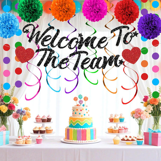 Welcome To The Team Party Decorations Black Glittery Welcome Signs Banner Hanging Swirls Colorful Paper Pompoms Circle Dots Garland for New Employee Coworker Teacher Colleague Staff Team Member Office Party