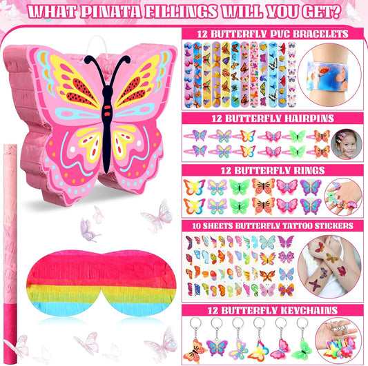 Pasimy 51 Pcs Butterfly Piñata Set Butterfly Birthday Party Supplies Piñata with Stick Blindfold Sticker Hairpin Ring Slap Bracelet Keychain Party Favors for Family Game Decoration(Pink)