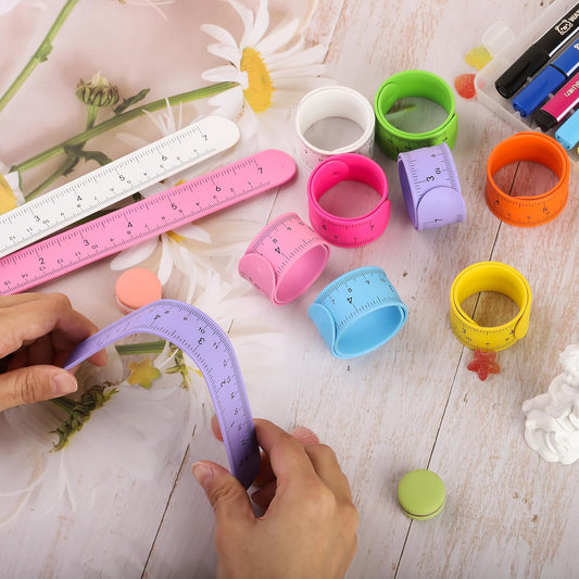 Lesnala 16 Pcs Ruler slap bracelets for kids Colorful snap bracelets with Scale 8 Colors silicone wristbands for Classroom Prizes Party Favors Present Decorative Supplies