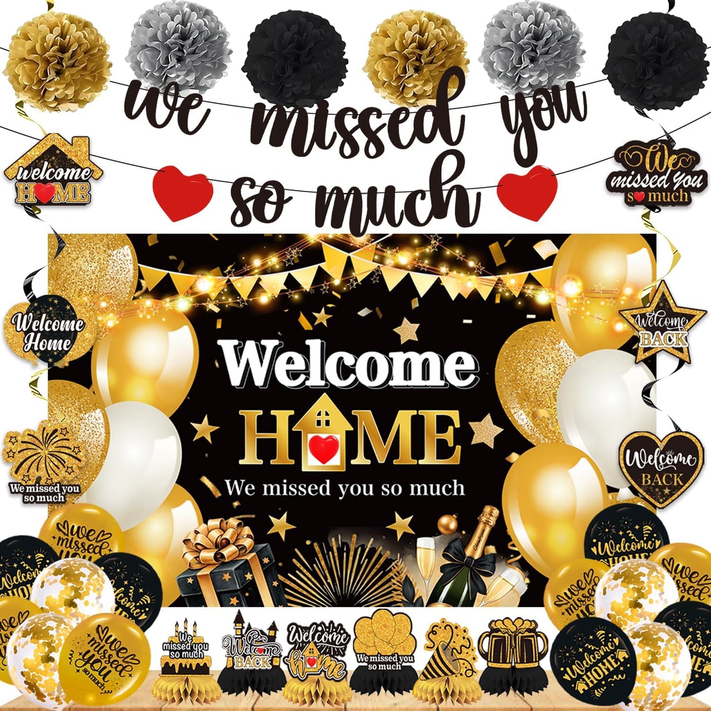 Welcome Home Party Decorations Set- Black Gold Welcome Back Decorations We Missed You So Much Banner Party, Glitter Welcome Home Party Sign Banner Balloons Decor Set, Family Reunion Party Supplies