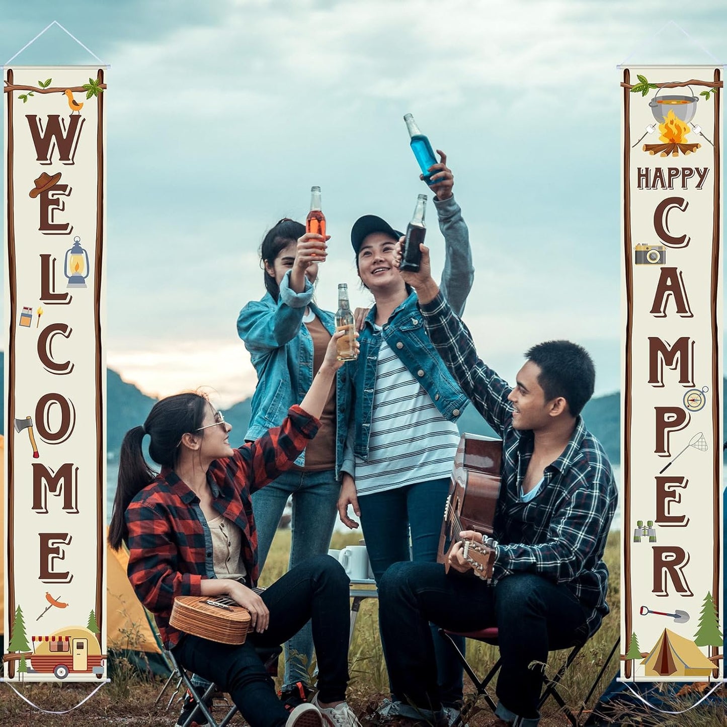 Blulu Camping Themed Party Decorations Set, Big Size Laminated Sign Cutouts, Camping Party Banner Welcome Porch Sign for Themed Birthday Decorations