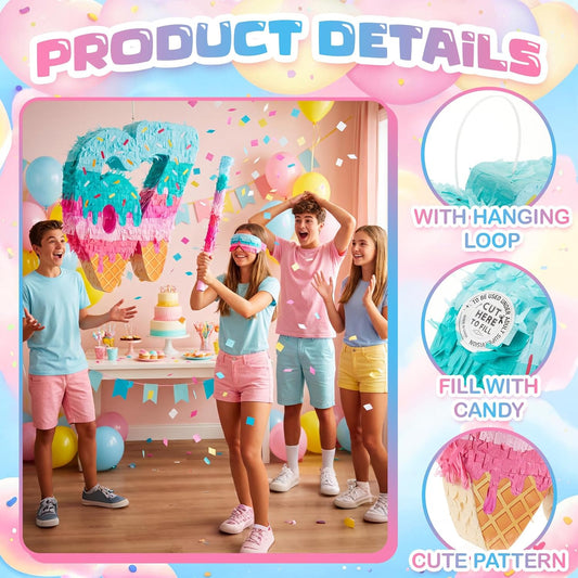 Sanwuta 67 Ice Cream Piñata Set with Bat Stick Blindfold Mask & Confetti, Multicolor Sundae Theme Party Decoration, Durable Cardboard, Ideal for Summer Birthday Celebration, 16 x 13 x 3 Inch