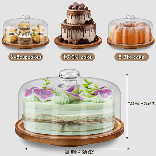 Yangbaga Glass Cake Stand with Lid,11in Wooden Rotating Cake Stand with Dome Cover, Cake Plate Display Server Tray for Birthday Kitchen Party
