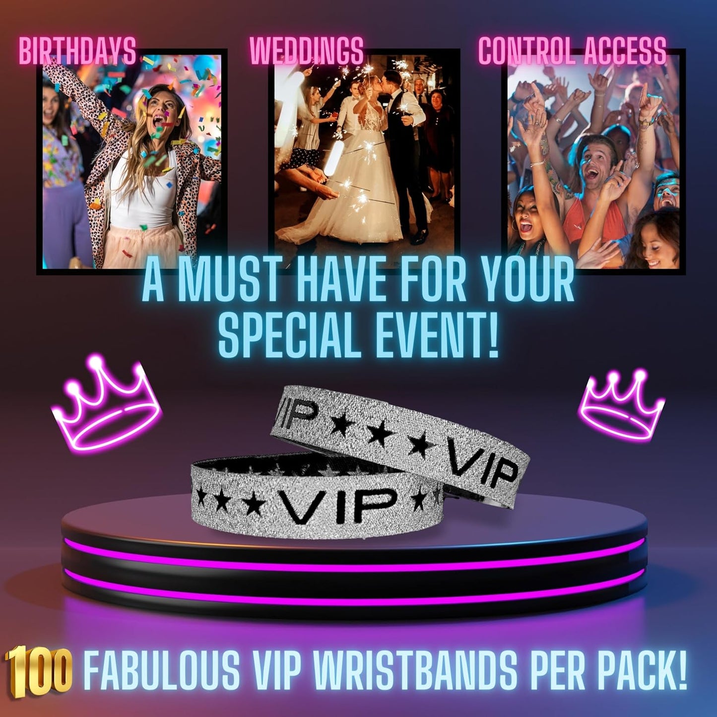 100 Pack Glitter Gold VIP Party Wristbands with Secure Locking Clip. Must Have Adjustable Sparkle VIP Wrist Bands for Events, Parties, Weddings and Festivals