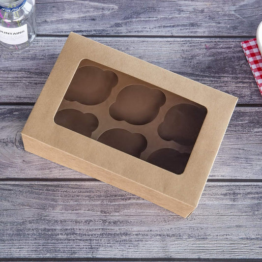 ONE MORE Cupcake Boxes with Inserts 6 Holders,9.5x6.3x3inch Large Brown Kraft Standard Bakery Boxes with Window Food Grade Cake Carrier Container for Muffins Gift Treat Box Bulk,Pack of 15