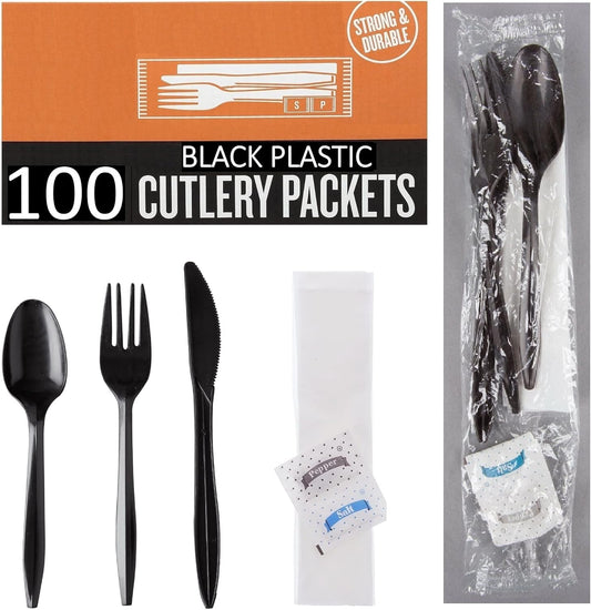 100 Plastic Cutlery Packets - Knife Fork Spoon Napkin Salt Pepper Sets | Black Silverware Sets Individually Wrapped Cutlery Kits, Bulk Plastic Utensil Cutlery Set Disposable To Go Silverware