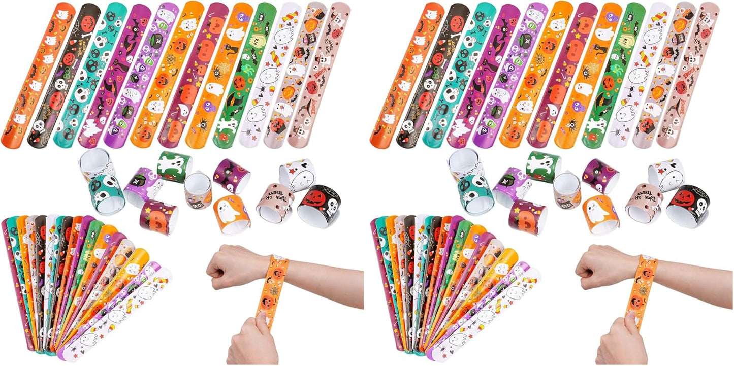 CCINEE 48pcs Halloween Slap Bracelets Assorted Bulk Pumpkin Zombie Witches Snap Bracelet Wristbands for Kids Halloween Party Gift Bag Filler Supply…