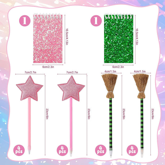 18Pcs Princess and Witch Party Favors with Star Ballpoint Star Pencil Witch Broom Ballpoints Broom Pencils Glitter Mini Spiral Notepads for Party Supplies Decorations