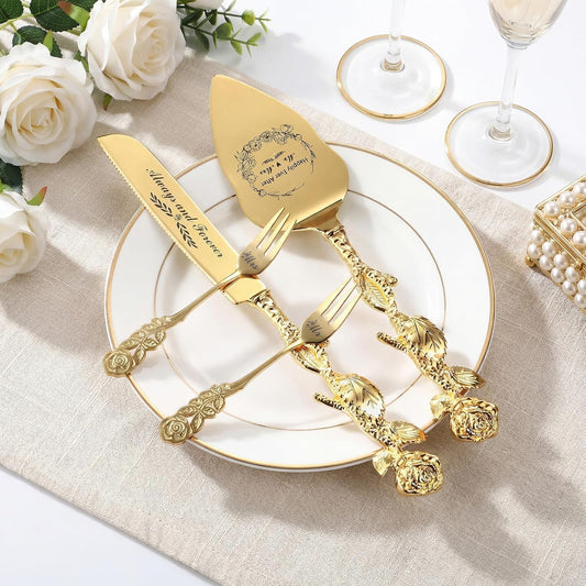 4 Pcs Wedding Cake Knife and Server Set with Forks Gold Engraved Cake Cutting Set Mr and Mrs Wedding Gifts for Couples Bridal Shower Anniversary Engagement Present