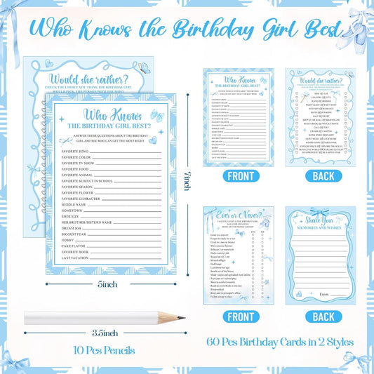 Pasimy 60 Pcs Who Knows the Birthday Girl Best Cards Would She Rather Games for Girl Woman 60 Pcs Girly Double Sided Cards and 10 Pencils for Teens Sweet Birthday Sleepover Party Supplies(Pink)