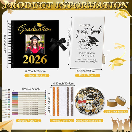 Capoda 2026 Graduation Guest Book to Sign 80 Pages Memory Scrapbook Photo Album with 1 Photo Guest Book Sign, 12 Colors Pens, 50 DIY Stickers, 2 Gold Tapes, 2 Self Adhesive Corners(Grad)