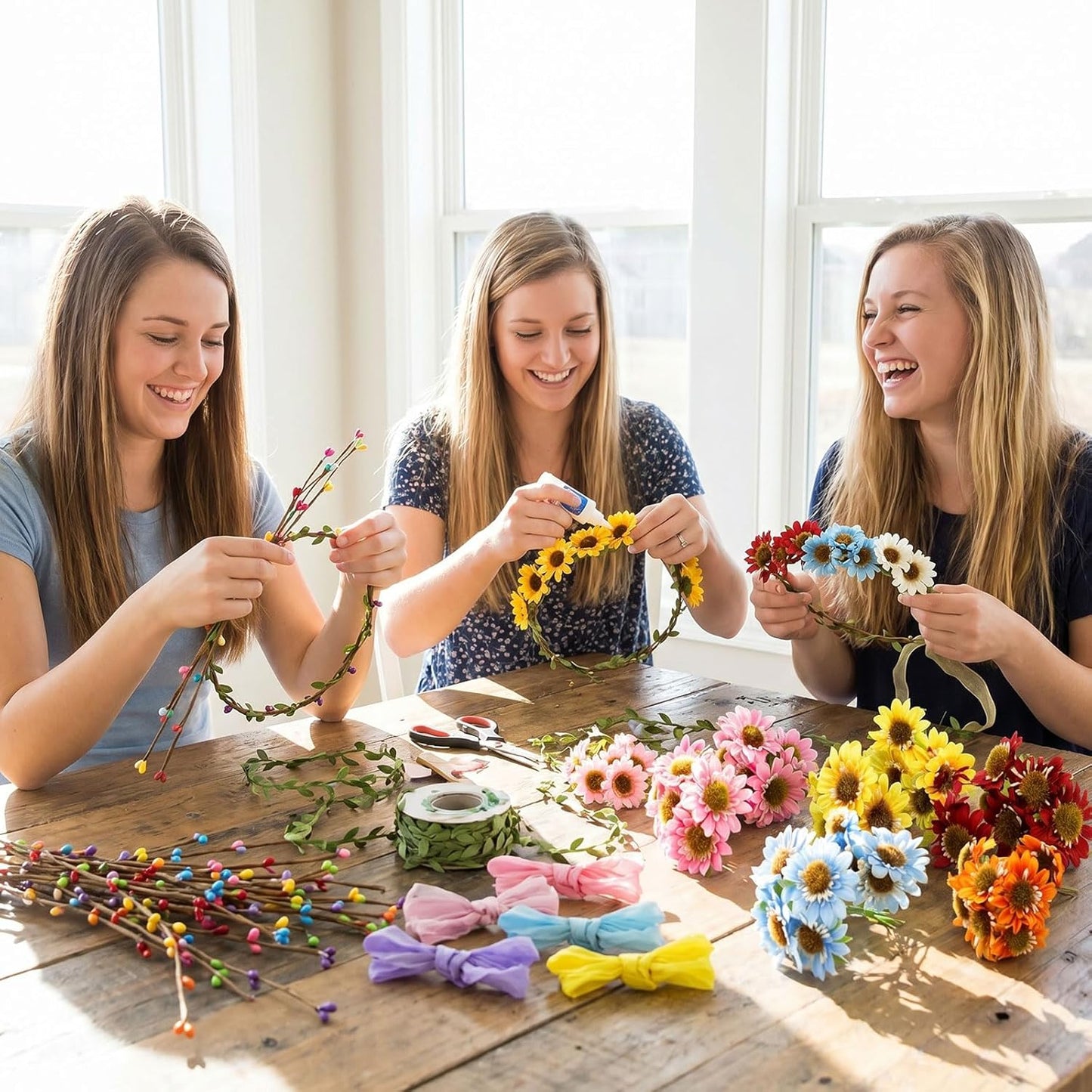 Zeyune 20 Sets Spring Tea Party Favor Flower Crowns Making Kit, Make Your Own Flower Crown Wreath Garland Headbands Craft Kit Handmade DIY Fairy Floral Hair Accessories Gift for Women(Daisy)