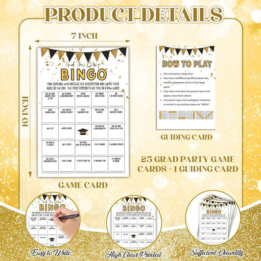 Graduation Party Games, 25 Graduations Bingo Cards, Find The Guest Bingo Game Cards, Grad Celebration Party Supplies - A01