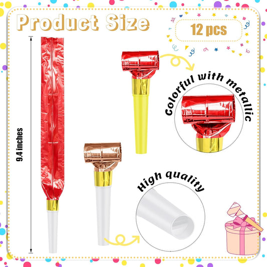 12 Pcs Party Blowers, Colorful Noise Makers Funny Blow Horns for Birthday New Years Graduation Sporting Events Party Favor Supplies (Metallic)
