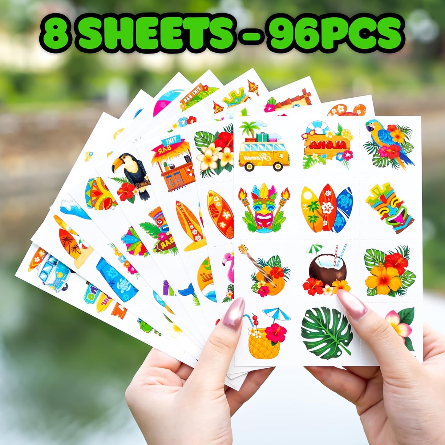 96 PCS Hawaiian Luau Pre-Cut Temporary Tattoos for Kids | Super Cute Themed Birthday Party Favors, Supplies, Decorations, Summer Fake Tattoo Stickers (Multiple)
