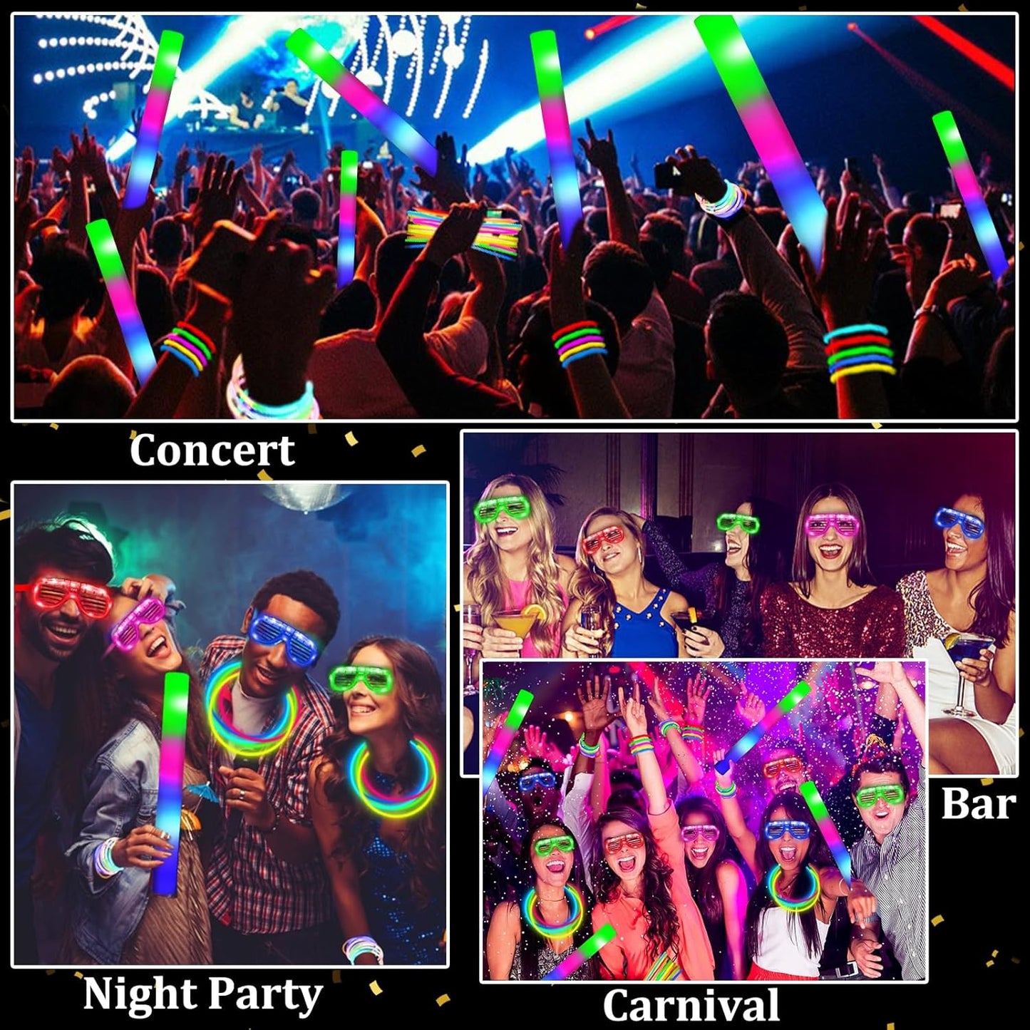 Camlinbo 148 PCS Glow in the Dark Party Supplies- 24 Pcs 12" Foam Glow Sticks, 24 Pcs LED Glasses, 100Pcs Glow Sticks Necklaces Bracelets Light Up Party Favors Pool Wedding Concert Easter Basket