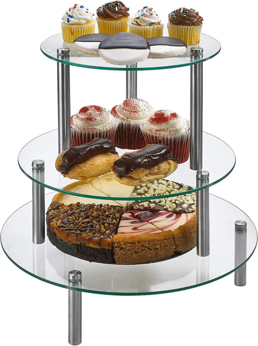 3 Tier Round Tempered Glass Display Stand 9, 11, 13” for Cake, Cupcakes, Desserts, Bakery, Appetizers – Set of 3 Glass Retail Display Raiser. (Clear)
