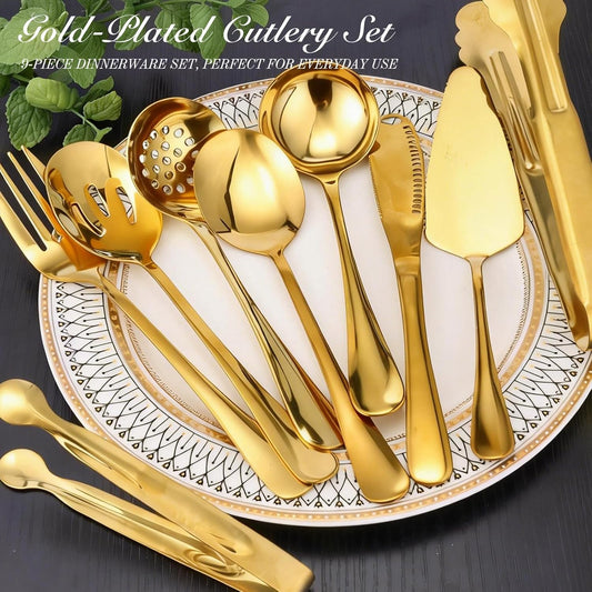 Mwellewm 17Pcs Serving Utensils, Gold Stainless Steel Serving Spoons, Slotted Spoon, Fork, Tongs, Cake Pie Server, Soup Spoon, Metal Buffet Banquet Cutlery Set for Parties Entertaining Catering