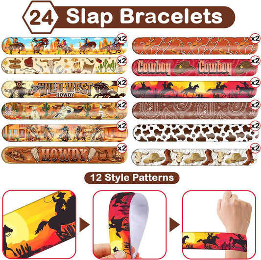 48PCS Cowboy Themed Party Set | 24PCS Slap Bracelets & 24PCS Rubber Bracelets Western Saloon Silicone Wristbands Birthday Party Supplies Decorations Gifts Carnival Prizes