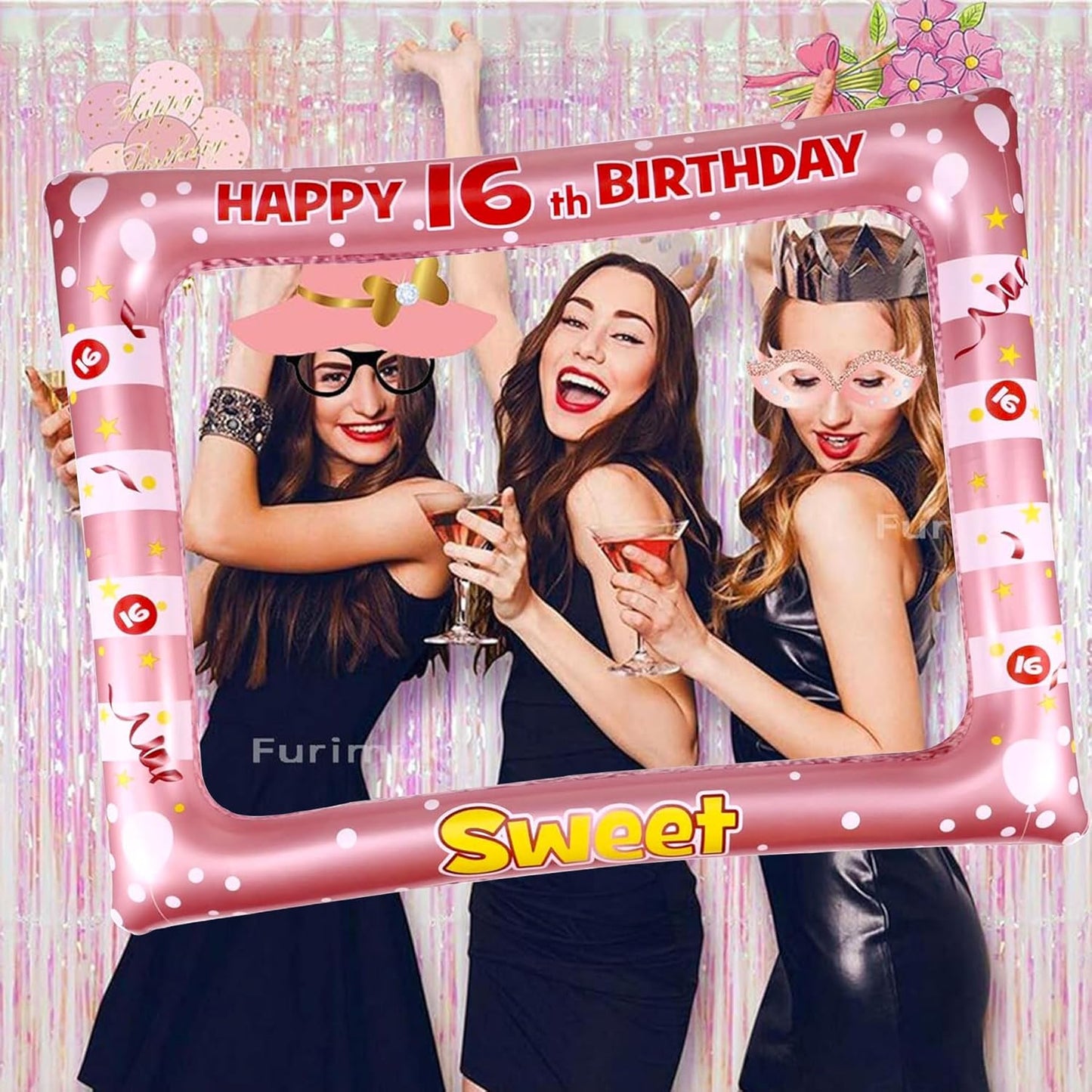 16th Sweet Birthday Inflatable Selfie Photo Frame with Photo Booth Props Set,16th Birthday Party Selfie Props and Frame(24x28 Inches) for Pictures and Decorations Girls 16th Birthday Party Supplies
