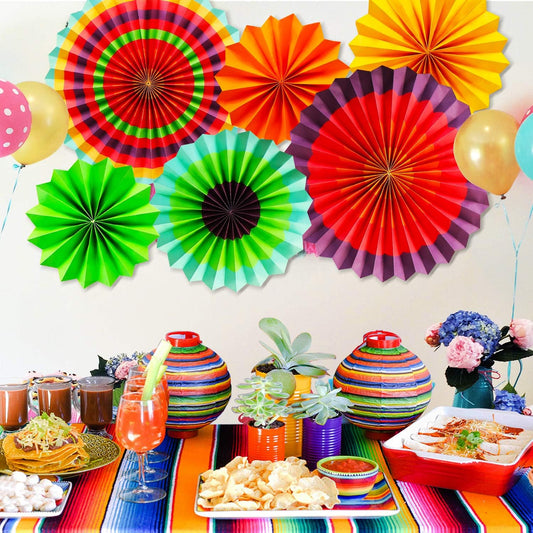 Novelty Place Set of 6 Hanging Paper Fans Party Decoration, Vibrant Colorful Paper Rosette Flowers for Mexican Fiesta, Carnival, Birthday and Baby Shower Decoration