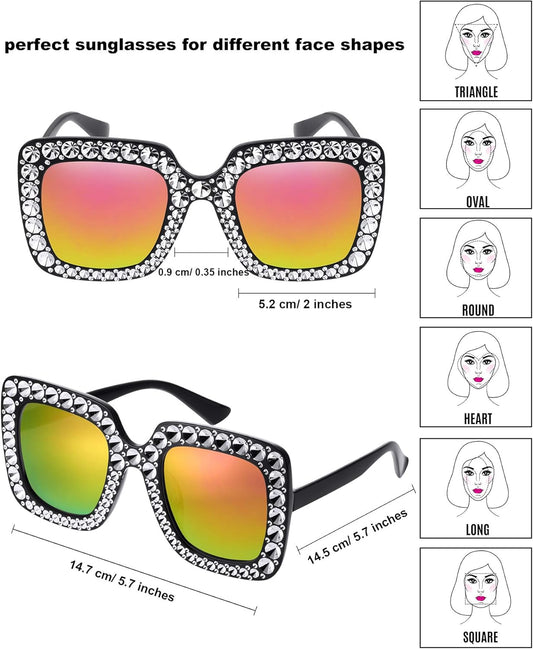 Frienda 6 Pairs Rhinestone Oversized Square Sunglasses 70s Women Dazzled Sunglasses for Disco Party Concert Photo Props