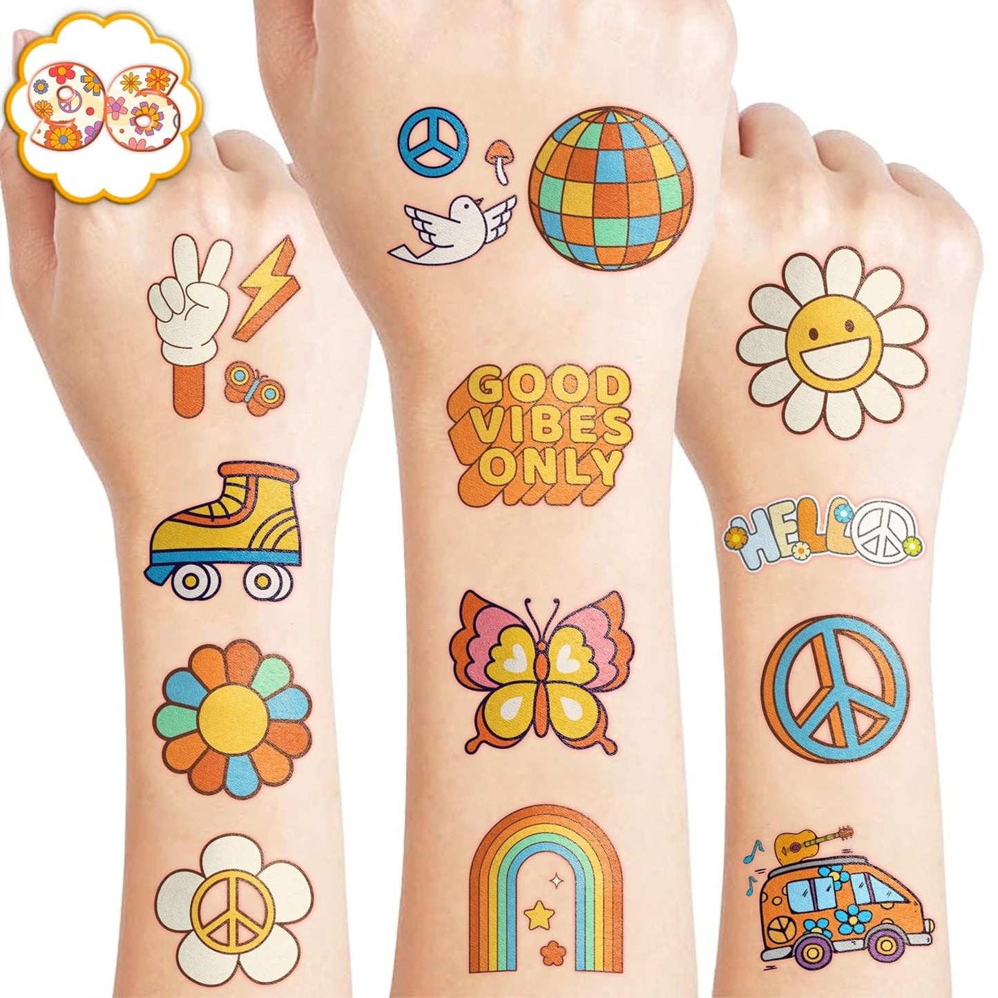 96PCS Groovy 70s Pre-Cut Temporary Tattoos - Retro Flower Power, Good Vibes Party Decorations & Favors | Cute Tattoos Stickers Gift for Kids, Boys & Girls, Prize Supplies (Normal)