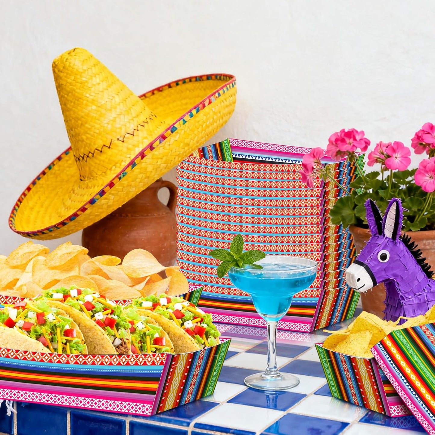 30 Pack Fiesta Mexican Food Trays, Floral and Serape Stripe Design Disposable Paper Serving Containers Boats for Taco Nights, Nachos, Fries, Popcorn, Snacks, Cinco de Mayo and Birthday Party Supplies