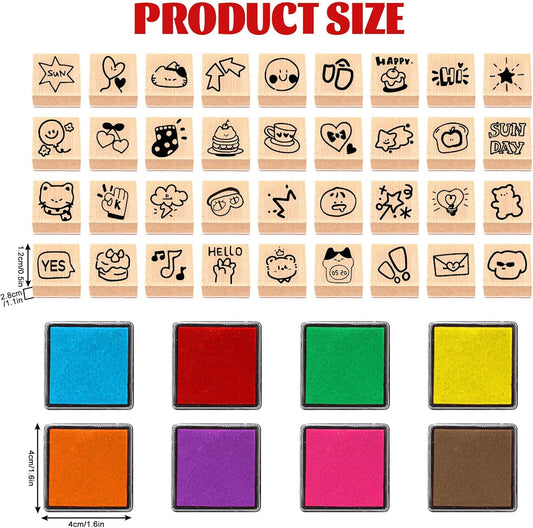 JarThenaAMCS 44 Pcs Full of Energy Wooden Rubber Stamps Kit with Craft Ink Pads Cute Daily Pattern DIY Craft Stamps for Decorative Diary Planner Scrapbook Card Making Letters Journal