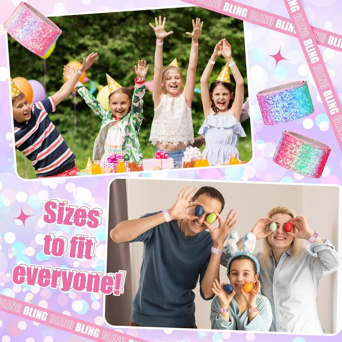 Sotiff 24 Pcs Glitter Slap Bracelets for Girls Sparkly Snap Shine Sequin Bracelet Bulk Wristband Accessories for Teen Youth Birthday Party Favors Supplies