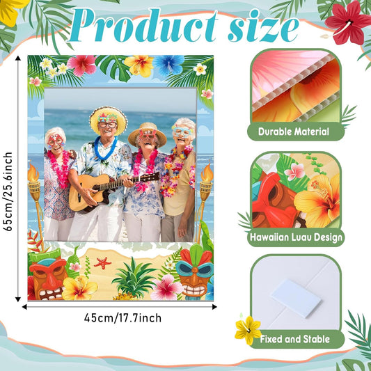 Jenaai Hawaiian Photo Booth Props Kit Luau Party Decorations 1 Hawaiian Photo Booth Frame 16 Summer Paper Eyeglasses Pool Party Selfie Props for Tropical Hawaii Luau Beach Tiki Decoration Supplies
