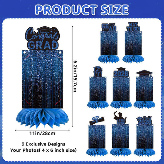 9 PCS Graduation Party Decorations Class of 2026 Honeycomb Centerpieces, Honeycomb Centerpieces for Graduation Photo Toppers Table Decorations. (Grad.Blue)