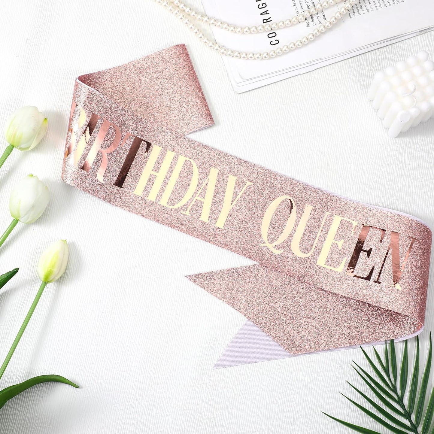 Piriuuo Rose Gold Birthday Queen Sash, Glitter Happy Birthday Sash for Women with Gold Foil 'Birthday Queen' Birthdays Sashs for Girls Women