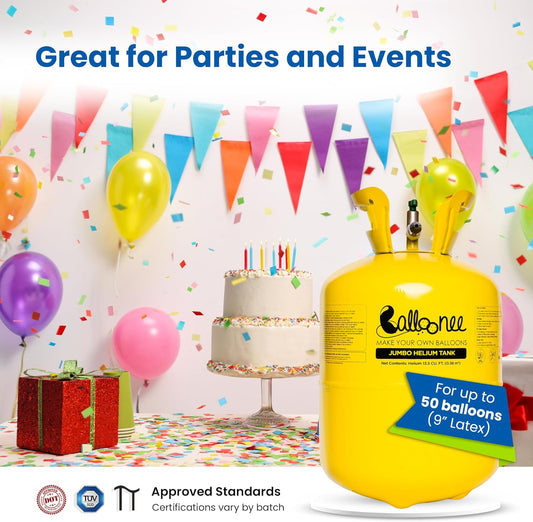 13L Helium Tank for Balloons at Home, Disposable, Portable, Fills Upto 50 9-Inch Latex Balloons, Great for Parties, Birthdays, Weddings, Special Occasions, 50 Assorted Latex Balloons Ribbon Included